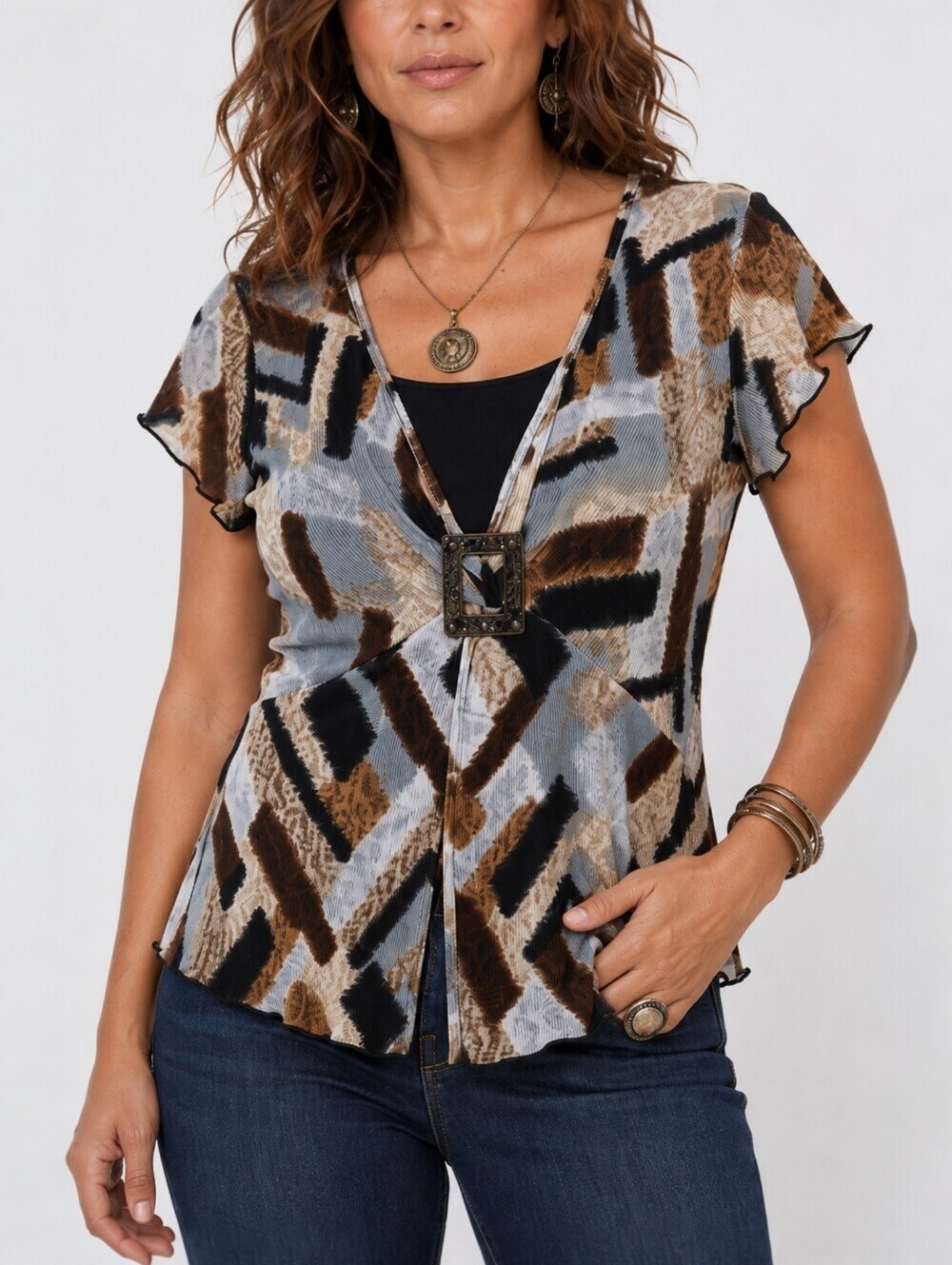 Vintage Brittany Black Buckle Top Empire Waist Abstract Print Plissé Boho USA PL